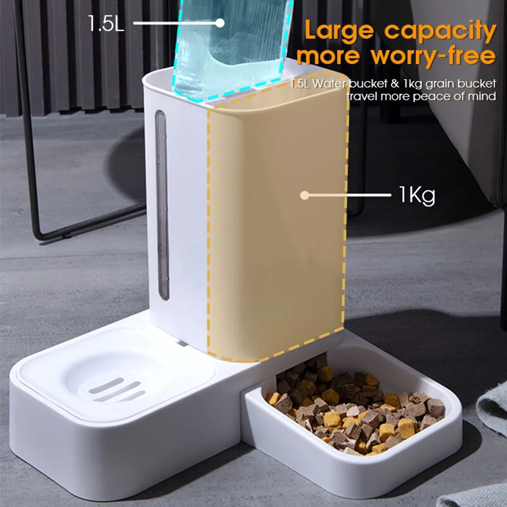 2 in 1 Automatic Auto Pet Cat Dog Food Feeder Dispenser Set,Gravity Water Bowl - BuzzMart