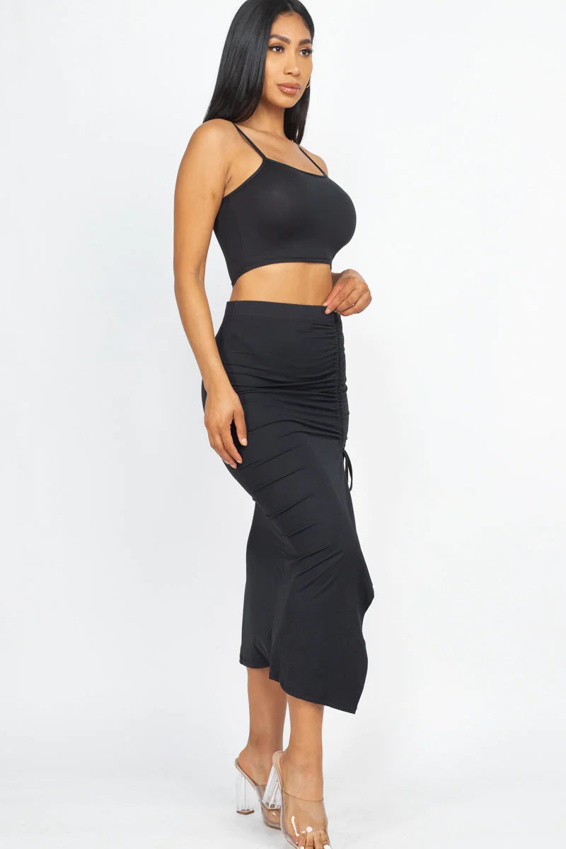 Cami Crop Top & Ruched Side Split Hem Midi Skirt Set (CAPELLA) - BuzzMart