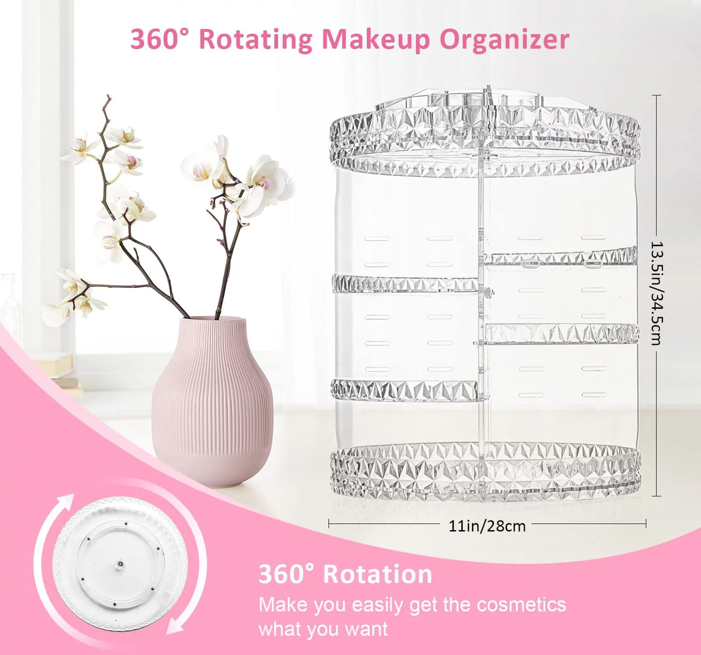 360 Degree Rotating Makeup Organizer - Adjustable Cosmetic Storage with 8 Layers, Clear Acrylic - BuzzMart