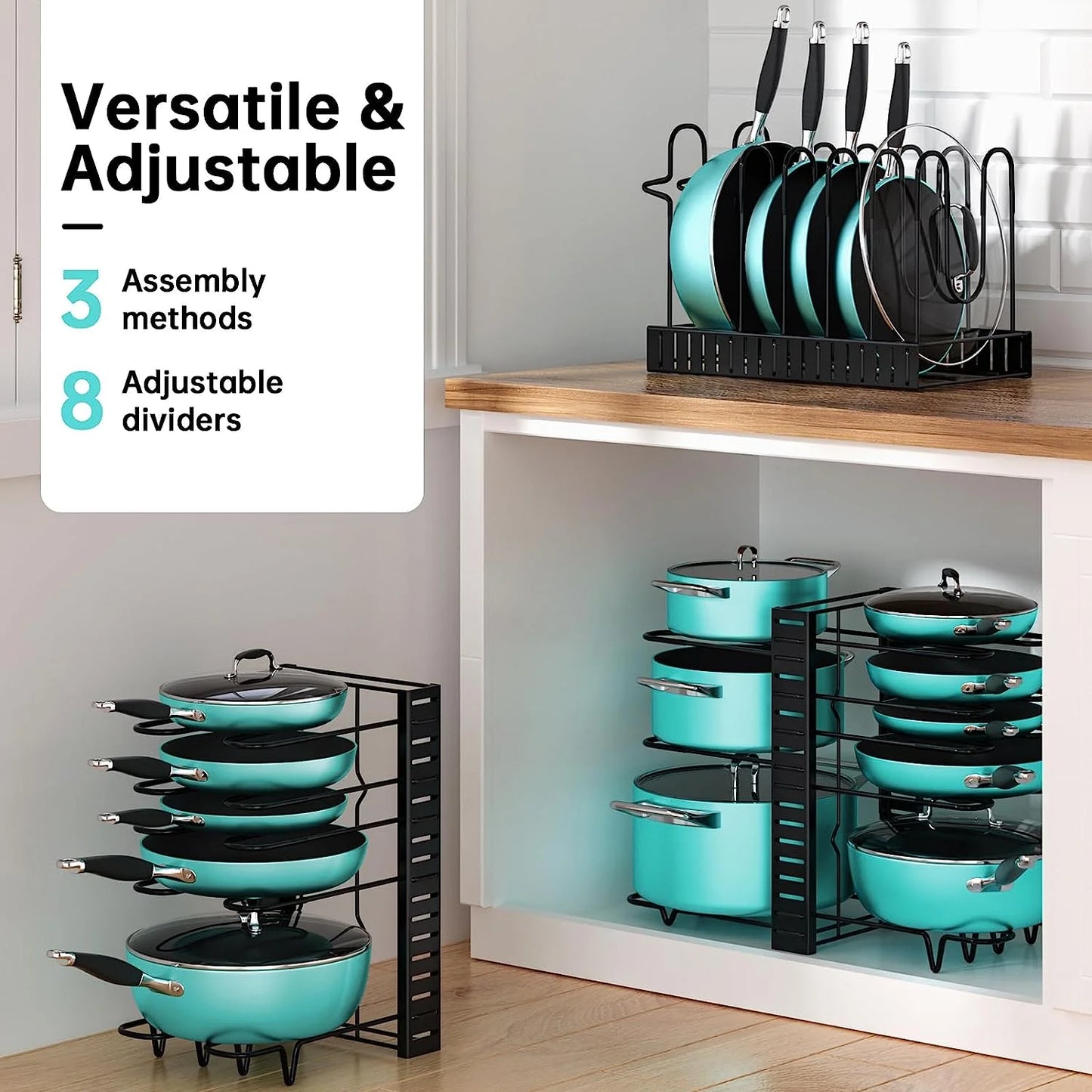 Pots and Pans Organizer Rack, 3 DIY Methods Adjustable 8-Tier Pot and Pan Rack, Metal Heavy Duty Pot Lid Organizer with Anti-Slip Silicone Pad for Cabinet Kitchen Organization Storage - BuzzM