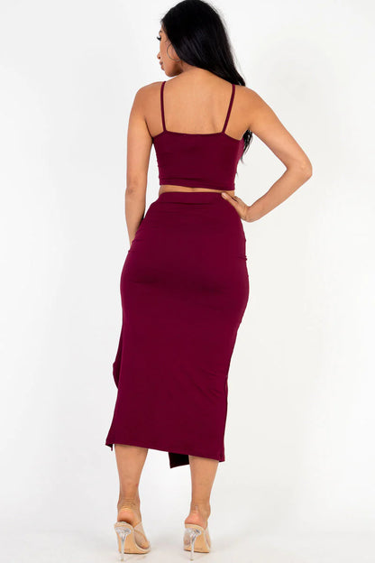 Cami Crop Top & Ruched Side Split Hem Midi Skirt Set (CAPELLA) - BuzzMart