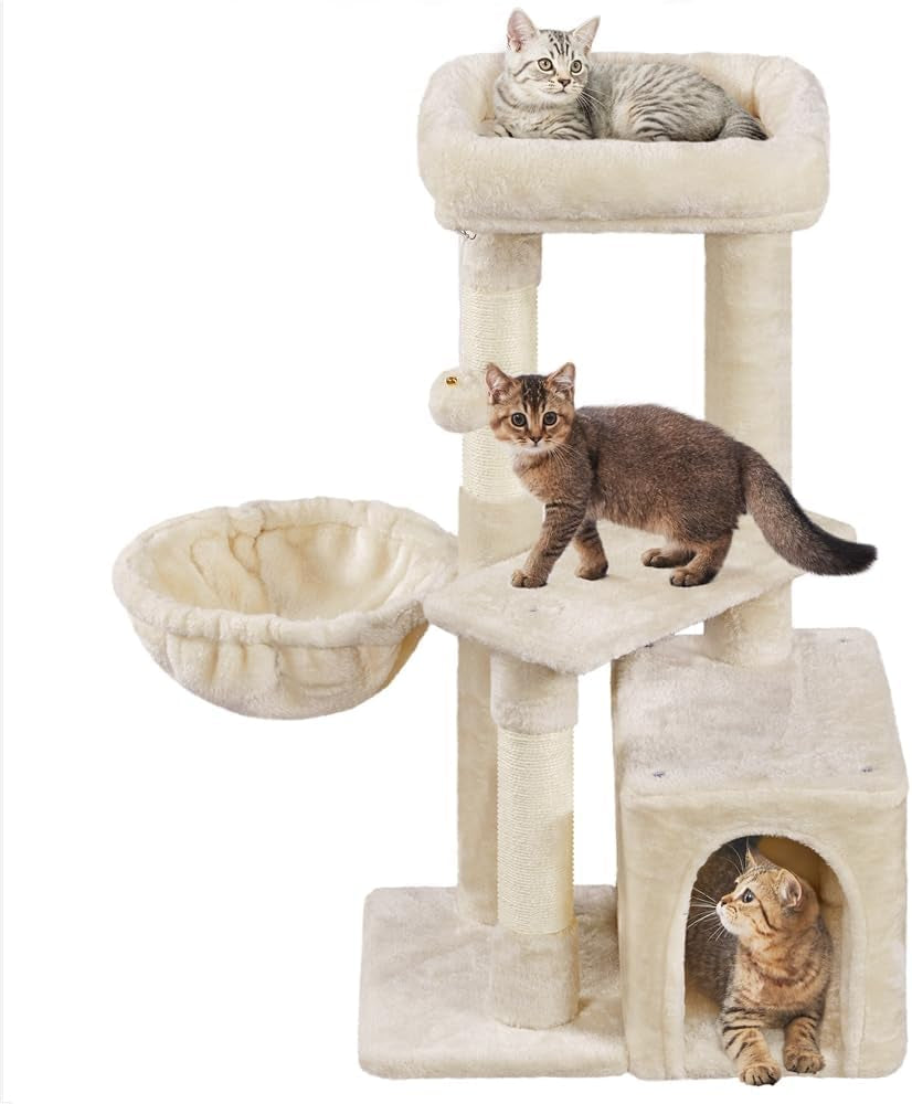 34-Inch Cat Tree - Plush-Covered Tower with Condo, Platform & Basket for Indoor Kittens - BuzzMart