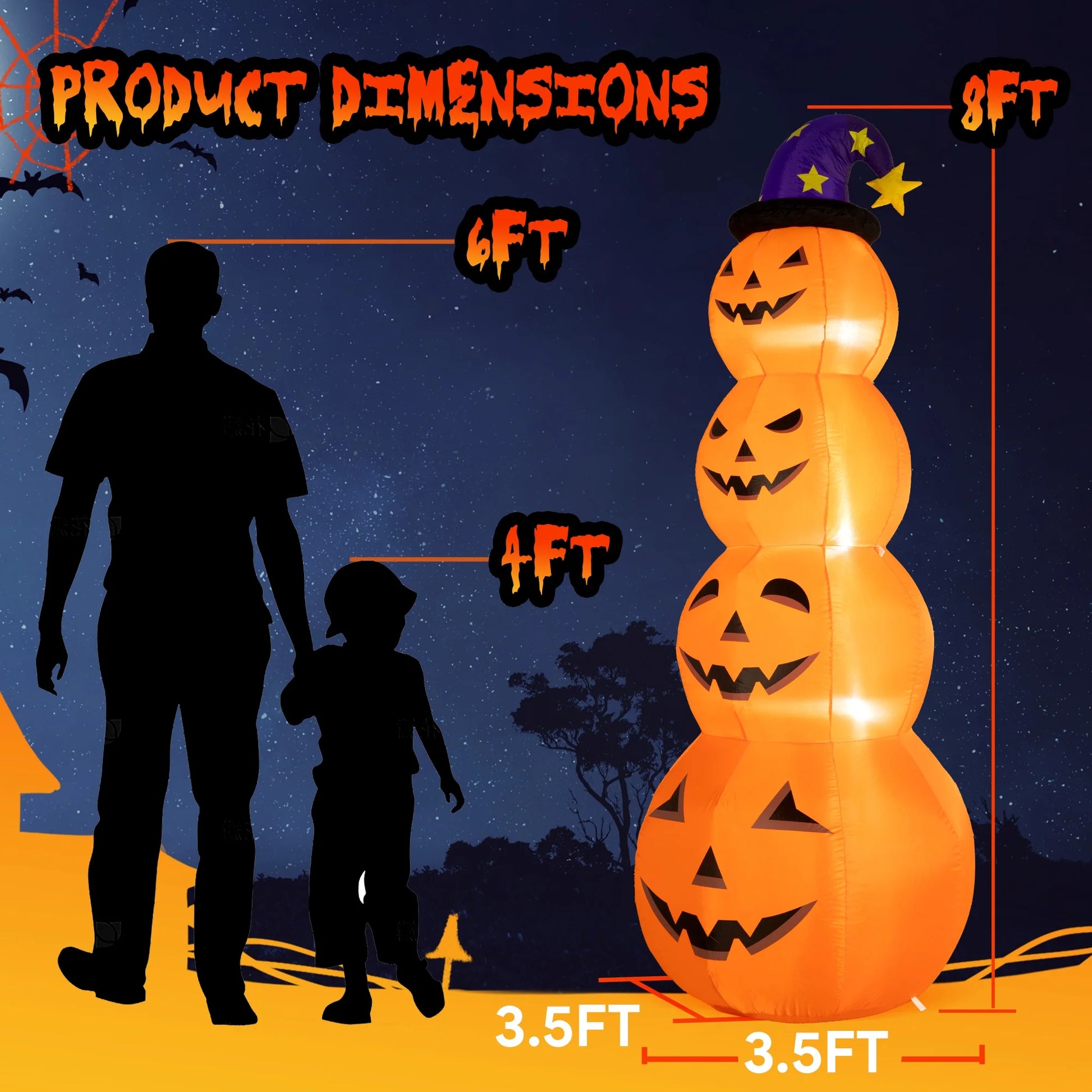 8 Ft Halloween Inflatable, Stacked Pumpkins with Witch Hat Inflatable with Build-In LED Lights, Blow up for Indoor Outdoor Lawn Yard Garden Home Party Halloween Decor, Orange