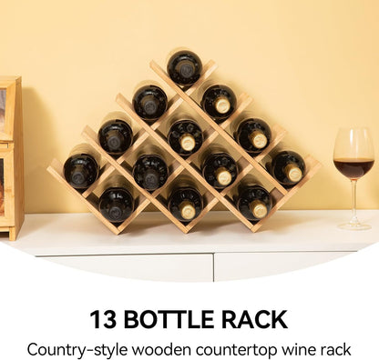 Wooden 13-Bottle Wine Rack - 4-Tier Wine Display Shelf, Free Standing & Countertop Wine Storage - Natural Wood Finish - BuzzMart