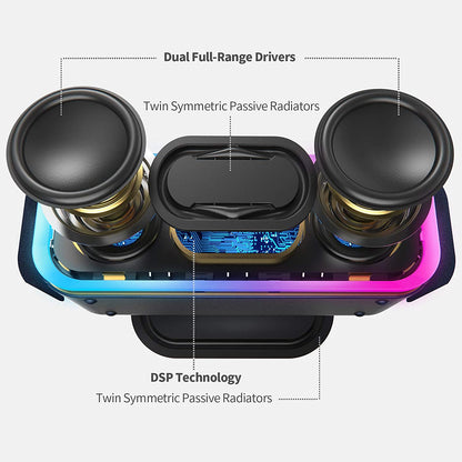 Soundbox Pro+ Bluetooth Speaker - Wireless Pairing, 24W Stereo Sound, Punchy Bass, IPX6 Waterproof, 15Hrs Playtime, Multi-Color Lights, Black - BuzzMart