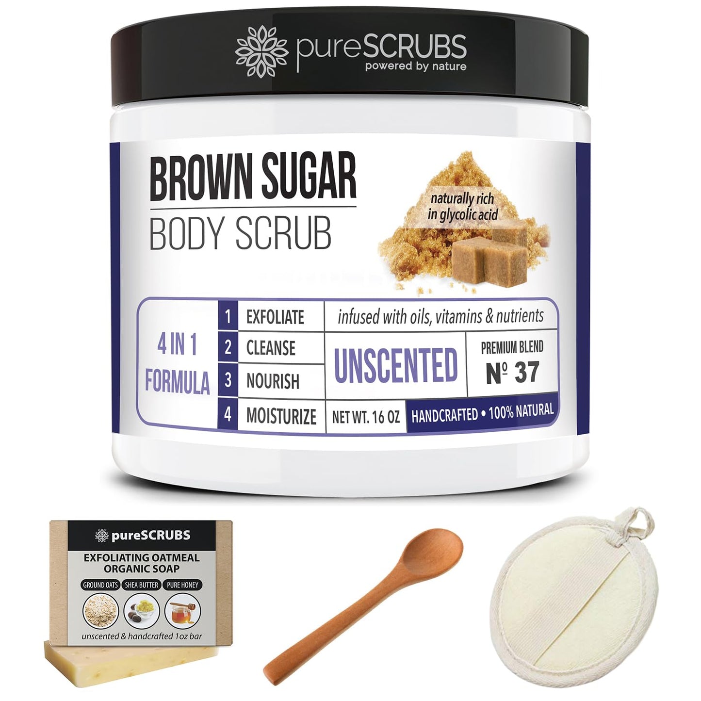 Premium Organic Brown Sugar Unscented Face & Body Scrub Set - Large 16oz, Infused with Organic Essential Oils & Nutrients - Includes Wooden Spoon, Loofah & Mini Exfoliating Bar Soap - BuzzMar