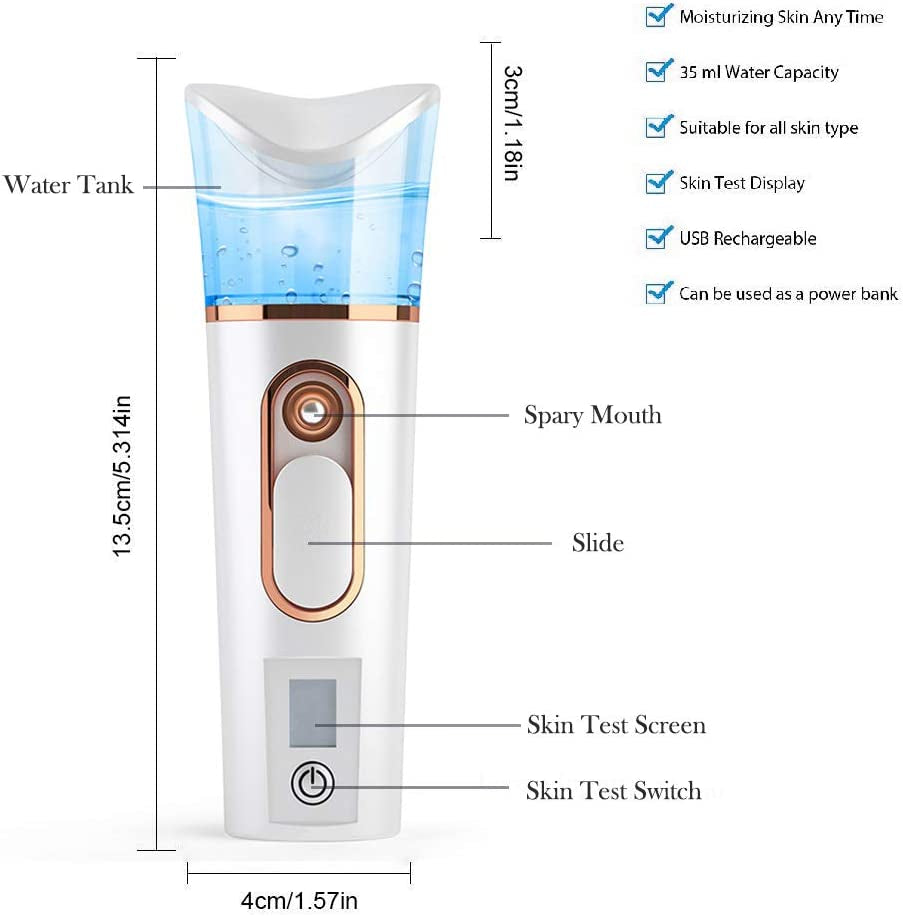 Handy Nano Mist Sprayer with Skin Analyzer Moisture Tester - Portable Facial Atomization Mister, Mini Cool with Large Capacity for Face Moisturizing, Hydration Refreshing - BuzzMart