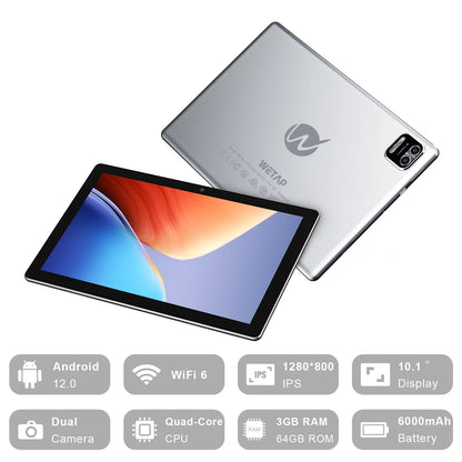 10 Inch Android Tablet - Android 12, 3GB RAM 64GB ROM, 2MP+8MP Camera, 1280x800 IPS Display, Quad-Core Processor, 6000mAh Battery - BuzzMart