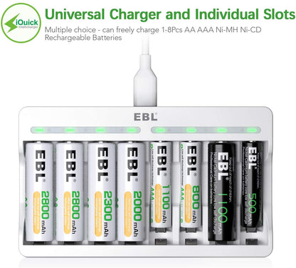 Rechargeable AA Batteries 2800Mah (4 Pack) and AAA Ni-Mh Rechargeable Batteries 1100Mah (4 Pack) with 8-Bay AA AAA Individual Battery Charger