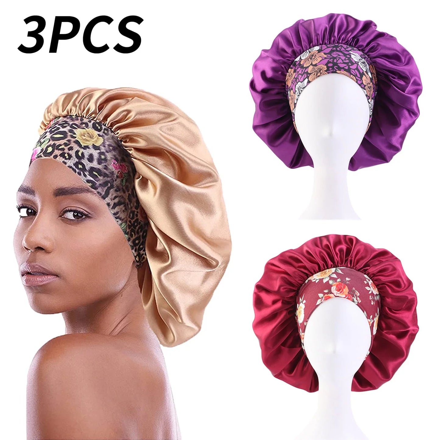 Luxury Satin Hair Bonnets - 3-Pack | Silk Sleep Caps for Curly Hair, Perfect for Nighttime Protection - BuzzMart