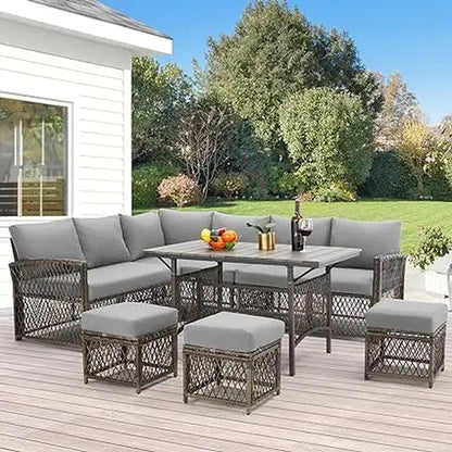 7-Piece Outdoor Patio Furniture Set - All-Weather Wicker Dining and Conversation Set with Table, Chairs, and Ottomans - BuzzMart