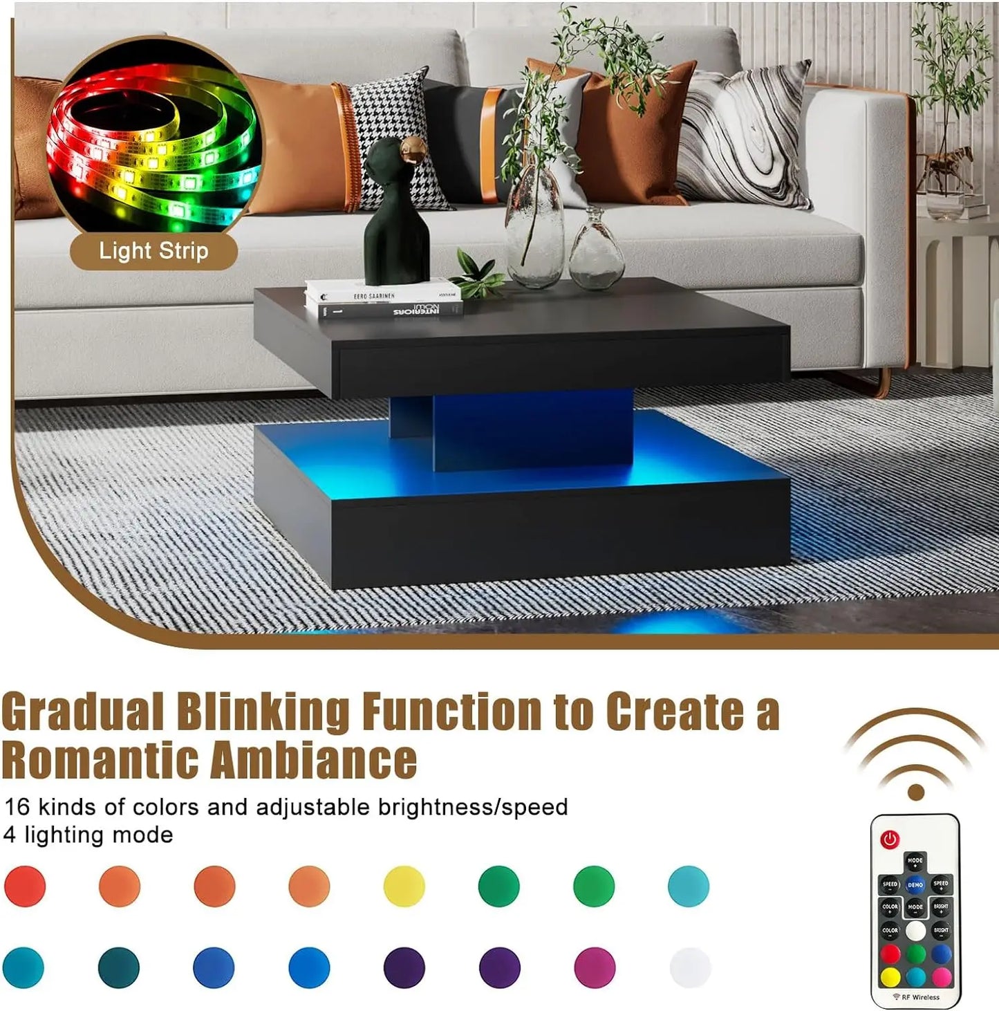 Modern LED Coffee Table with Storage and 20-Color Adjustable Lighting - BuzzMart