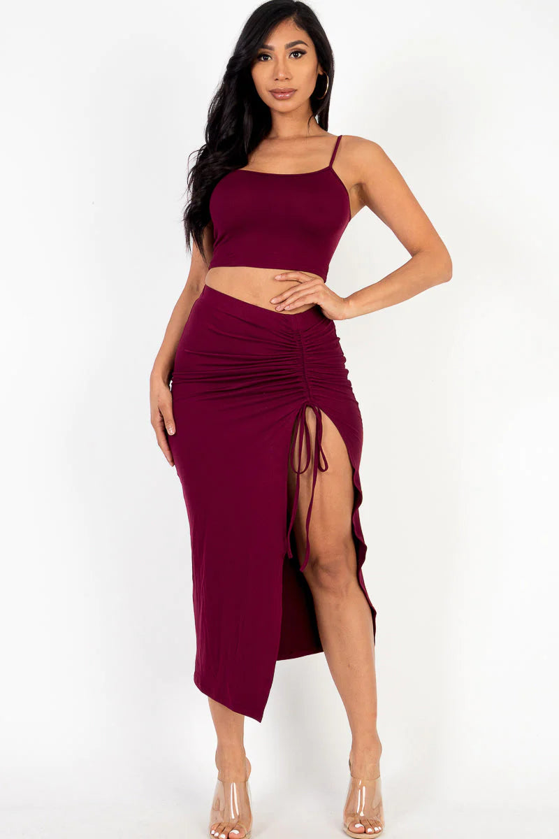 Cami Crop Top & Ruched Side Split Hem Midi Skirt Set (CAPELLA) - BuzzMart